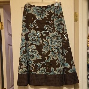Coldwater Creek Brown A-Line Skirt with Turquoise Floral & Sequin Print